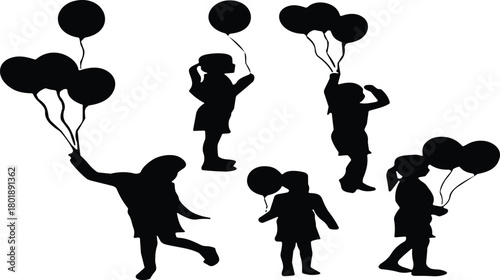 Silhouettes of children holding balloons in playful standing and dancing poses, joyful kids activity illustration for celebration, party, festival, and childhood themes