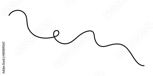 Wavy curly stroke one line art, hand drawn scribbly dividing element drawing continuous contour. Twiddle swirl separator curve strip with volutes and tendril design. Isolated. Editable stroke. Vector