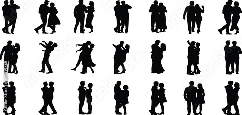 Romantic couple silhouettes dancing and embracing in various poses, expressing love, relationship moments, intimacy, passion, movement, celebration, and emotional connection
