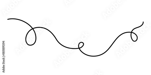 Wavy curly stroke one line art, hand drawn scribbly dividing element drawing continuous contour. Twiddle swirl separator curve strip with volutes and tendril design. Isolated. Editable stroke. Vector