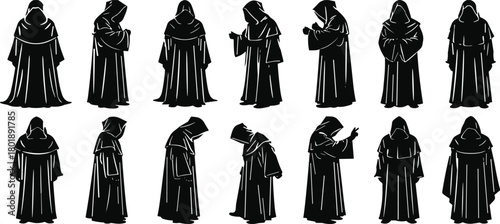 Hooded monk silhouettes standing in various mysterious poses, expressing secrecy, ritual symbolism, spiritual tradition, ancient culture, medieval atmosphere, and dark robed figures
