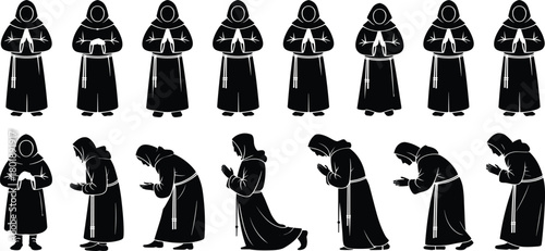 Monk silhouettes praying and bowing in various spiritual poses, expressing meditation, devotion, religion, worship, humility, faith, tradition, ritual, and peace