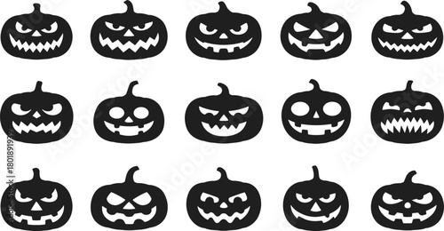 Halloween pumpkin face silhouette collection, spooky jack-o-lantern icons, scary carved pumpkin expressions for seasonal decoration, vector holiday design elements