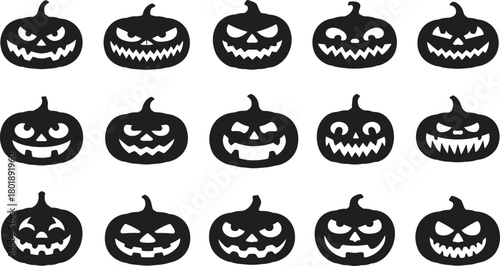 Halloween pumpkin face silhouette collection, spooky jack-o-lantern icons, scary carved pumpkin expressions for seasonal decoration, vector holiday design elements