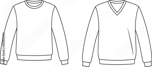 Crewneck and V-neck sweatshirt vector illustration, detailed apparel line drawing, fashion design template, clothing outline sketch, garment mockup for product presentation