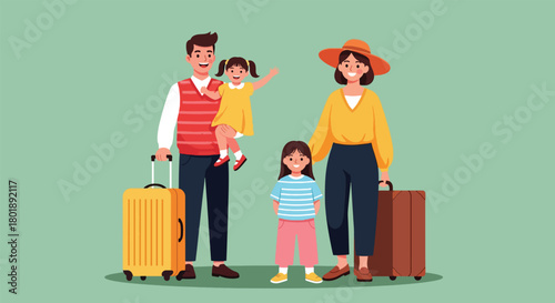 Cheerful family with luggage ready for vacation adventure.