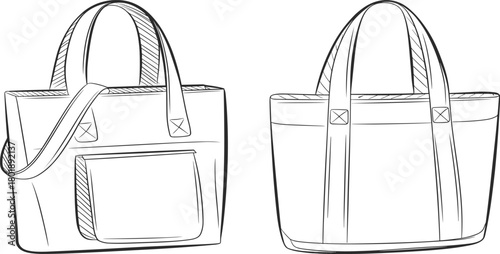 Tote bag vector illustration with front and back views, detailed line sketch, fashion accessory design template, handbag outline drawing for product presentation