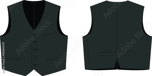 Classic men’s formal waistcoat vector illustration, tailored vest front and back flat sketch design, elegant apparel template for fashion and clothing