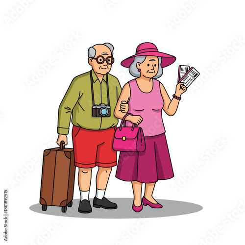 Elderly Couple Excitedly Holding Tickets and Suitcase Ready for Vacation.