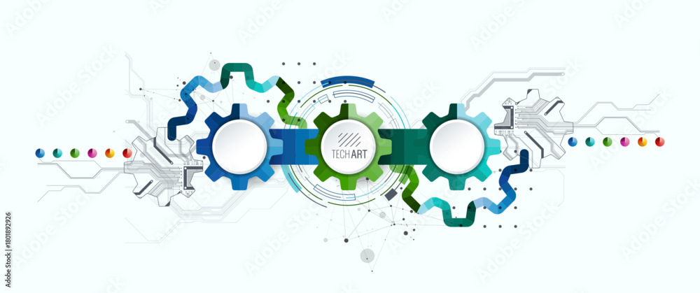 Fototapeta premium Stylized view of gears integrated with microcircuits. Concept of combining mechanics and electronics.