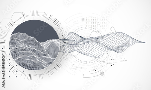Abstract composition with wireframe wave and technology circles. Vector
