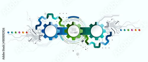 Stylized view of gears integrated with microcircuits. Concept of combining mechanics and electronics.