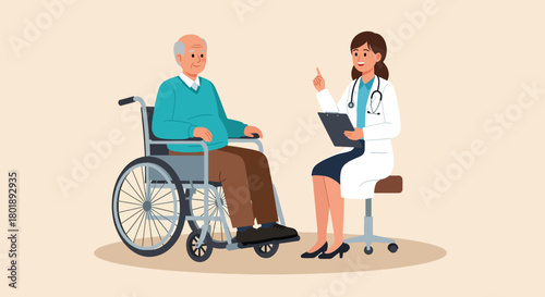 Elderly man in wheelchair consulting with a female doctor 1.