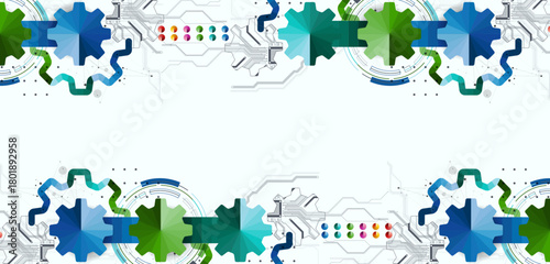 Stylized view of gears integrated with microcircuits. Concept of combining mechanics and electronics.