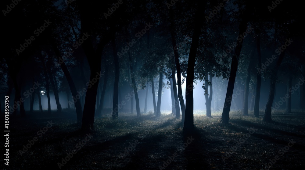 Obraz premium A dark forest at night with only faint moonlight filtering through the trees and casting eerie shadows.