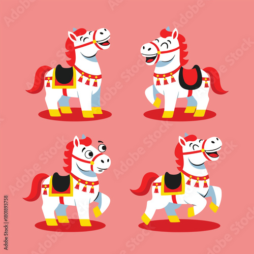 Four cartoon carousel horses with red manes and tails.