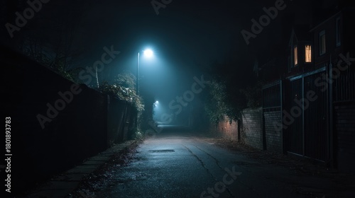 A dark, foggy alleyway at night with a dim streetlamp illuminating the ground.