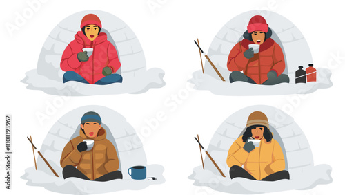 Friends enjoying drinks and conversation inside a cozy heated ice fishing shelter during winter illustrating a social gathering and outdoor recreation