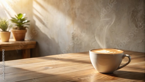 Warm morning sunlight streams onto a wooden table, illuminating a steaming cup of latte art coffee; peaceful, cozy atmosphere.
