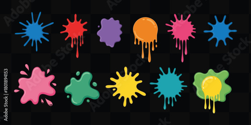 Vibrant, colorful paint splatters and drips create dynamic, playful abstract art elements