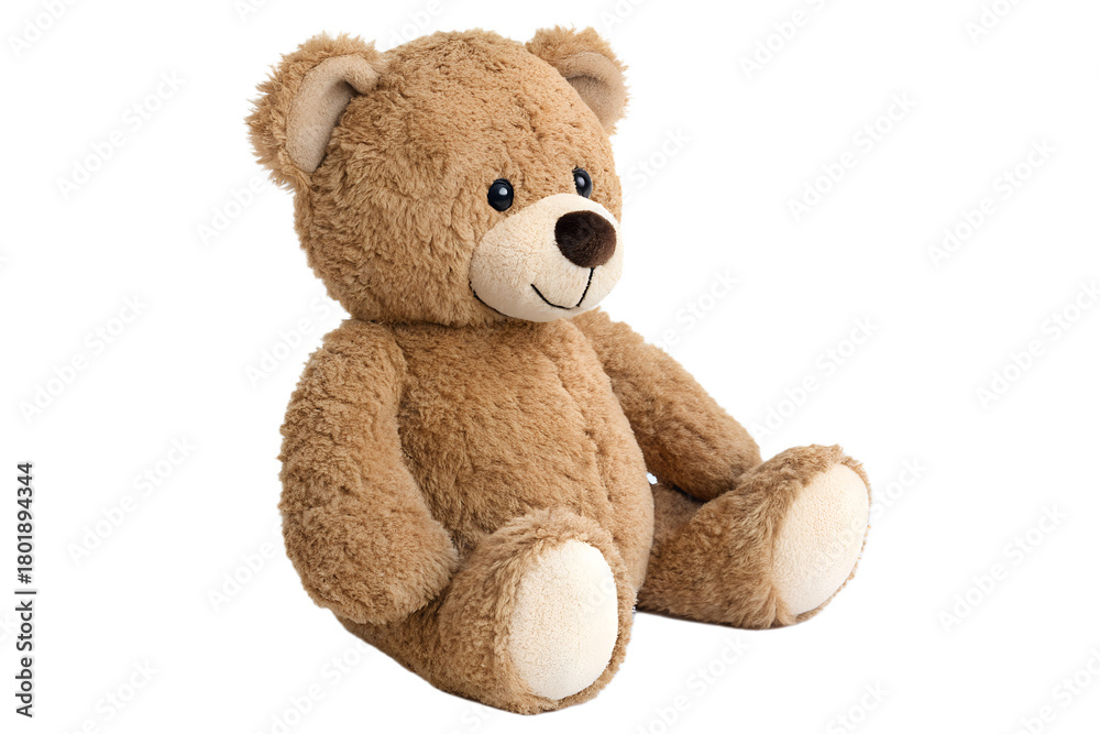 Obraz premium Professional real life product photography of a cute and cuddly brown teddy bear plush animal, seated and isolated on a seamless white backdrop