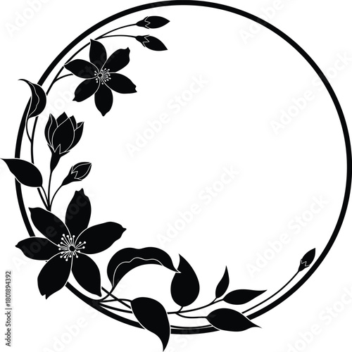 Floral circle frame with flowers and leaves black and white vector art eps silhouette