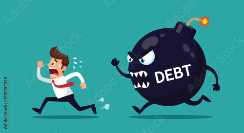 Man Fleeing from a Giant Bomb Labeled Debt.