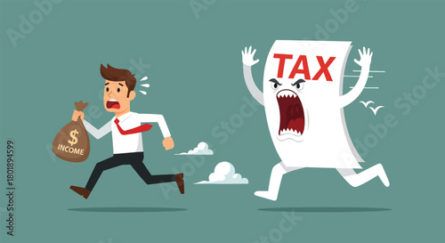 Man Fleeing From Aggressive Tax Document Character.