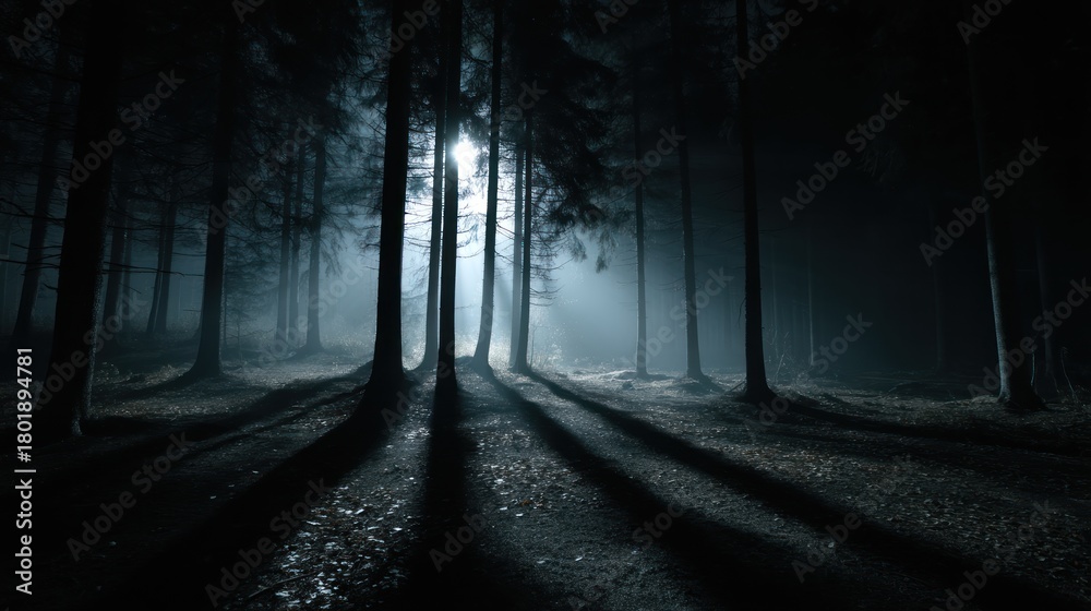 Obraz premium A dark forest at night with only faint moonlight filtering through the trees and casting eerie shadows.