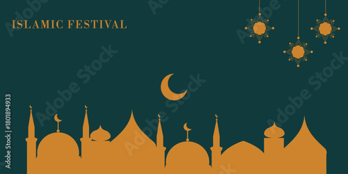 Poster in mustard green and gold tones with mosques, crescent moons and ornaments. Suitable for Ramadan and Eid greetings, advertising banners and sales, social media posts, printed products and decor