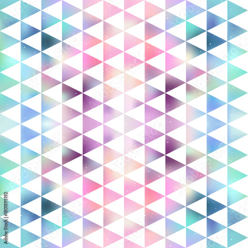 Abstract geometry seamless pattern with a mosaic, blurred gradient and white triangles, with blue, purple, white and pink colors. Space twinkling texture, cosmic background.