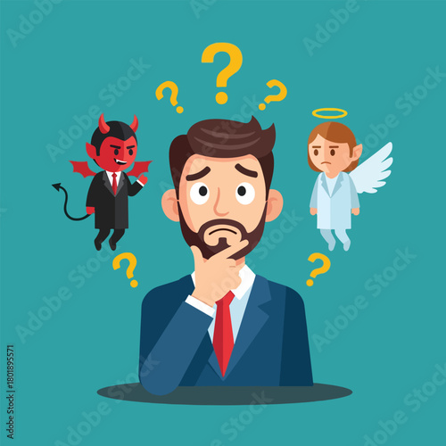Man Pondering Difficult Decision Between Devil and Angel.