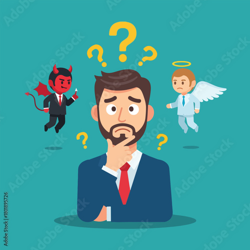 Man Pondering Decision with Devil and Angel Figures.