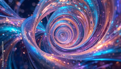Colorful iridescent fractal spirals with glowing edges, soft luminous waves, contemporary abstract design with fluid motion