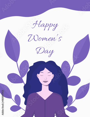 Festive poster on a white background with a girl, decorated with plants. Design for greetings, banners and social networks for International Women's Day