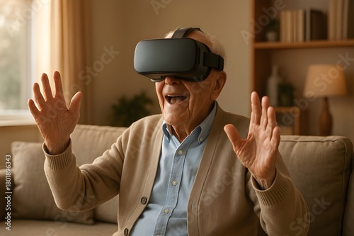 Ageless Adventure: 95-Year-Old Grandfather Engaged in Thrilling Virtual Reality Gaming at Home