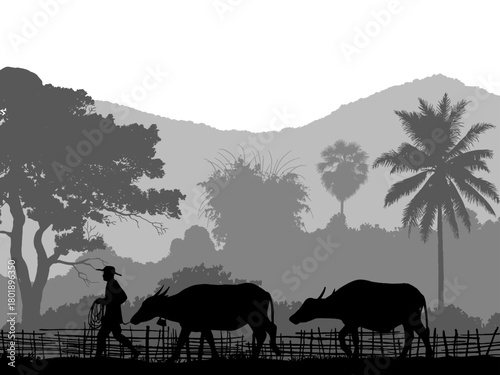 Farmer, Children, Rural life, Mountains, Silhouette, Traditional, Asian culture, Village scene, Farming, Agriculture, Countryside, 