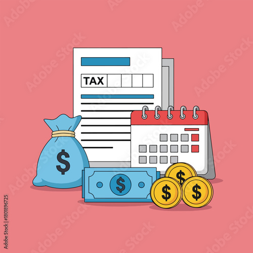Tax document with money bag coins and calendar illustration.