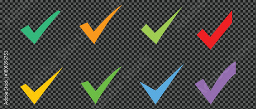 Collection of eight colorful check marks on transparent background