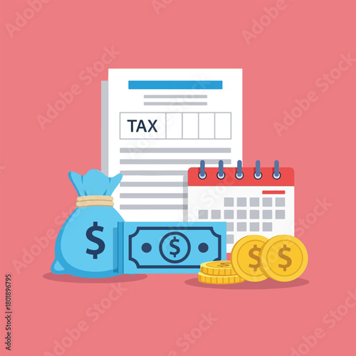 Tax form with money bag cash coins and calendar.