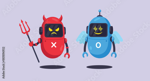 Two contrasting cartoon robots one devilish and one angelic representing good versus evil.
