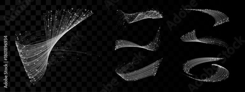 Futuristic abstract vector graphic. Line flow wave pattern. Digital data technology, light energy, dynamic motion illustration set. Glowing curves, points, dots elements. Electro music sound concept.