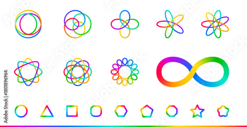 Abstract graphic elements set. Geometric shapes, rainbow loops, colorful gradient lines. Vector symbols, infinite patterns. Spectrum curves, orbit motion logo collection. Brand, business design art