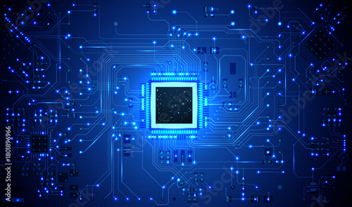 Abstract circuit background. Glowing chip, board lines, digital connection points. Vector computer tech concept. AI data, microchip design, electronic processor power. Futuristic network technology