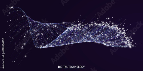 3D Data background. Abstract technology vector digital wave. Network line flow, futuristic AI pattern, business big future, electro music sound concept. Science graphic stream energy. Particle connect