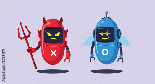 Two contrasting robots one devilish and one angelic representing good and evil.