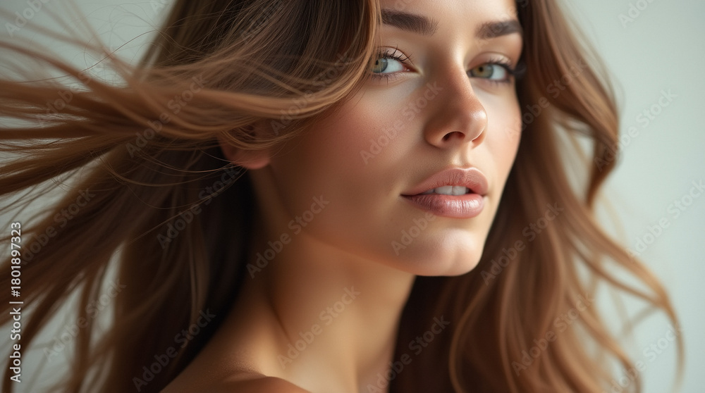 Fototapeta premium close-up portrait of a woman with long, healthy, shiny hair flowing in dynamic motion