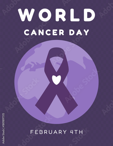 World Cancer Day.World Cancer Awareness Month.Awareness ribbon on the background of the earth with a heart.Vector illustration