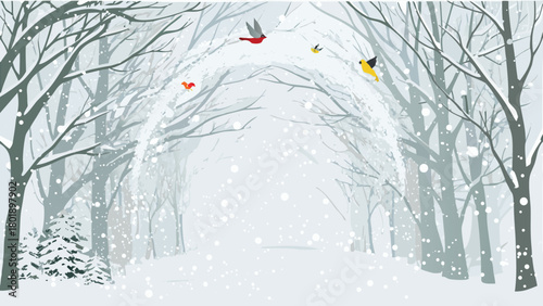 A serene winter scene depicts a snow covered forest path with bare tree branches arching gracefully overhead creating a natural tunnel effect