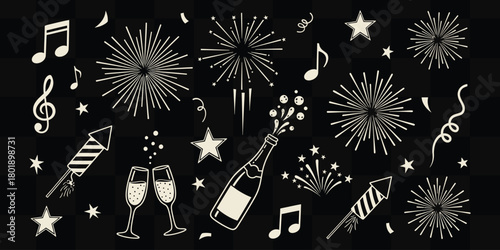 Celebrate success with champagne, fireworks, and music notes for a vibrant party atmosphere.